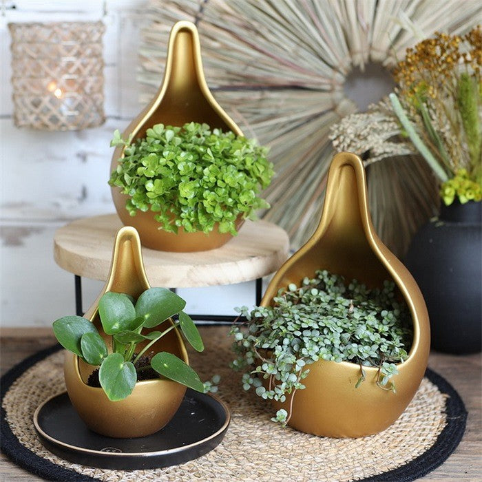 Pflanzschale TROPFEN gold Keramik 3 Größen Ø9cm+12cm+14cm