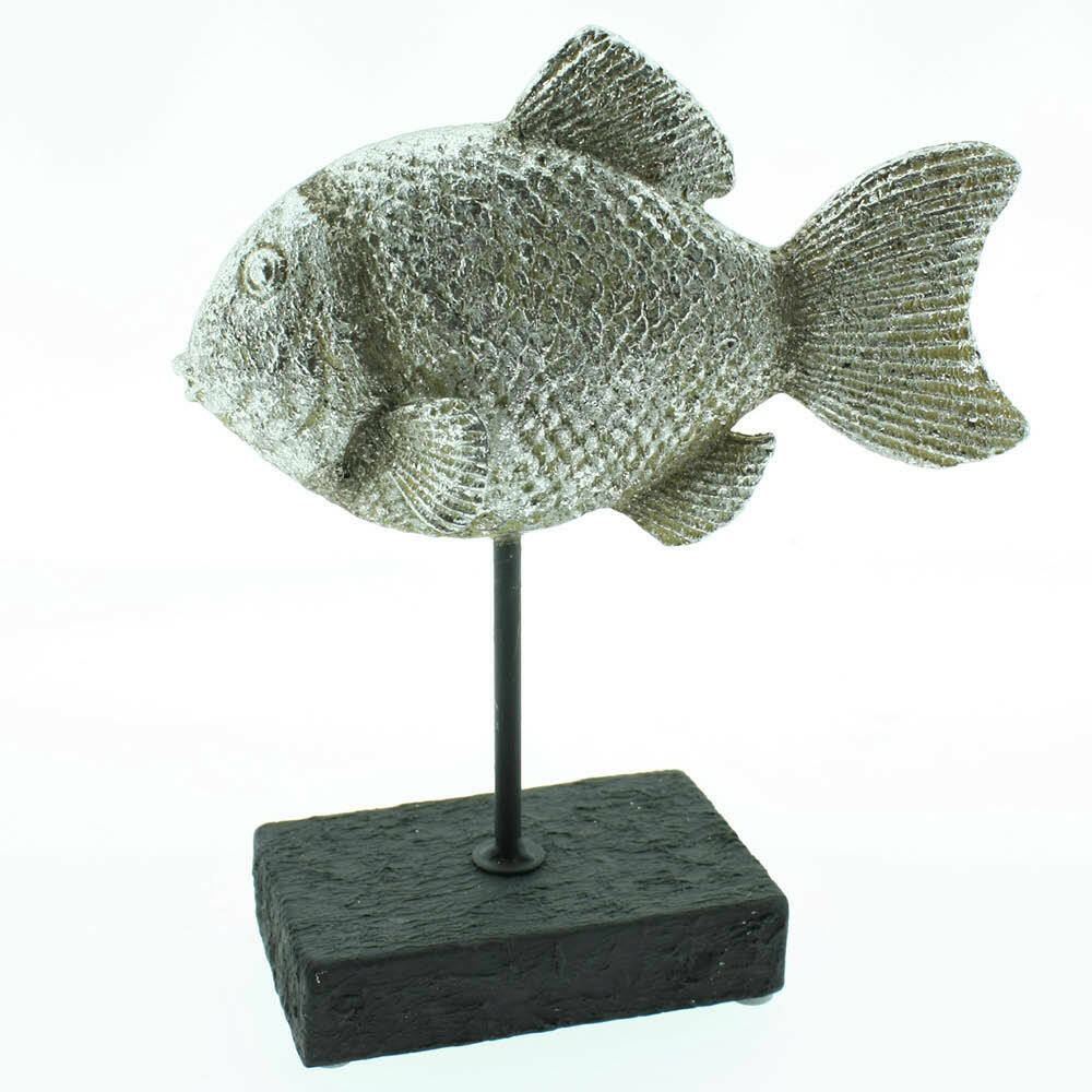 Fisch Skulptur "Hilda" Antik-Silber auf Sockel H21cm Polyresin