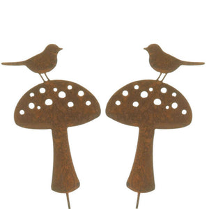 Gartenstecker Pilz mit Vogel 4erSet Edelrost L38 cm