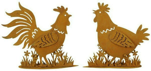 Huhn u. Hahn rost farbend Metall 2er Set stehend H12cm Ostern