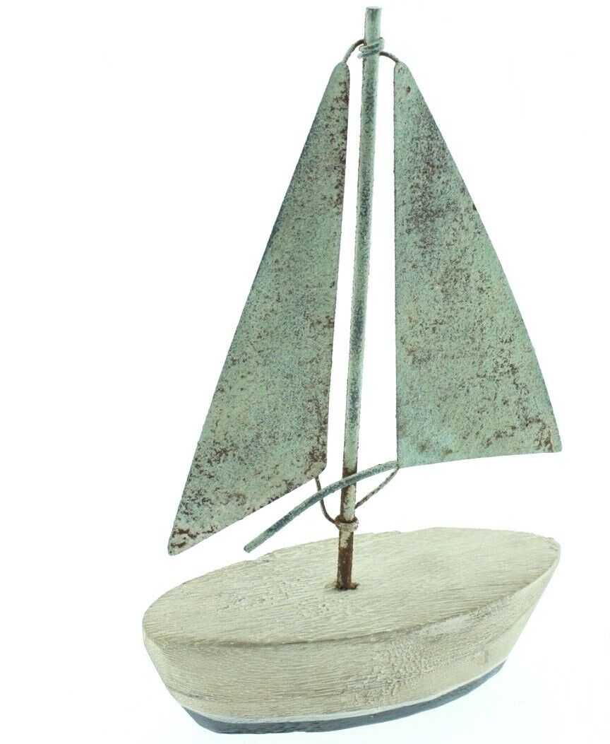 Segelboot Holz Schiff Boot Figur Maritim 14x6cm H20cm natur/blau